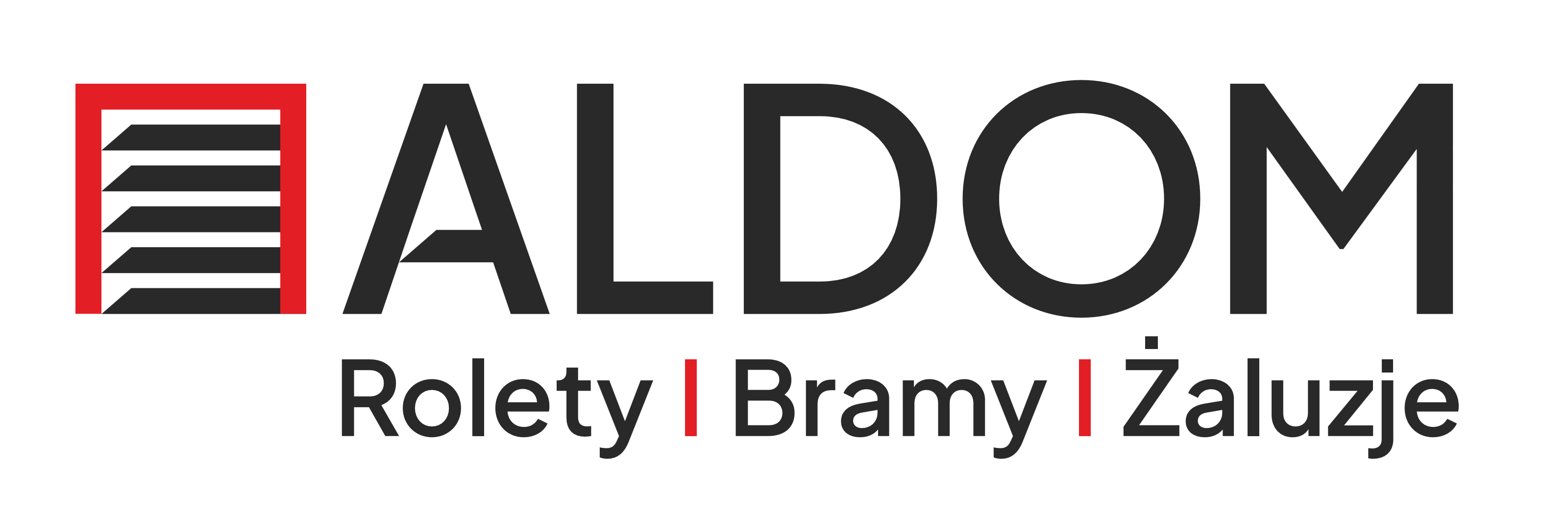 Logotyp Aldom — geometryczny motyw żaluzji w&nbsp;czerwonej ramce i&nbsp;pogrubiony wordmark