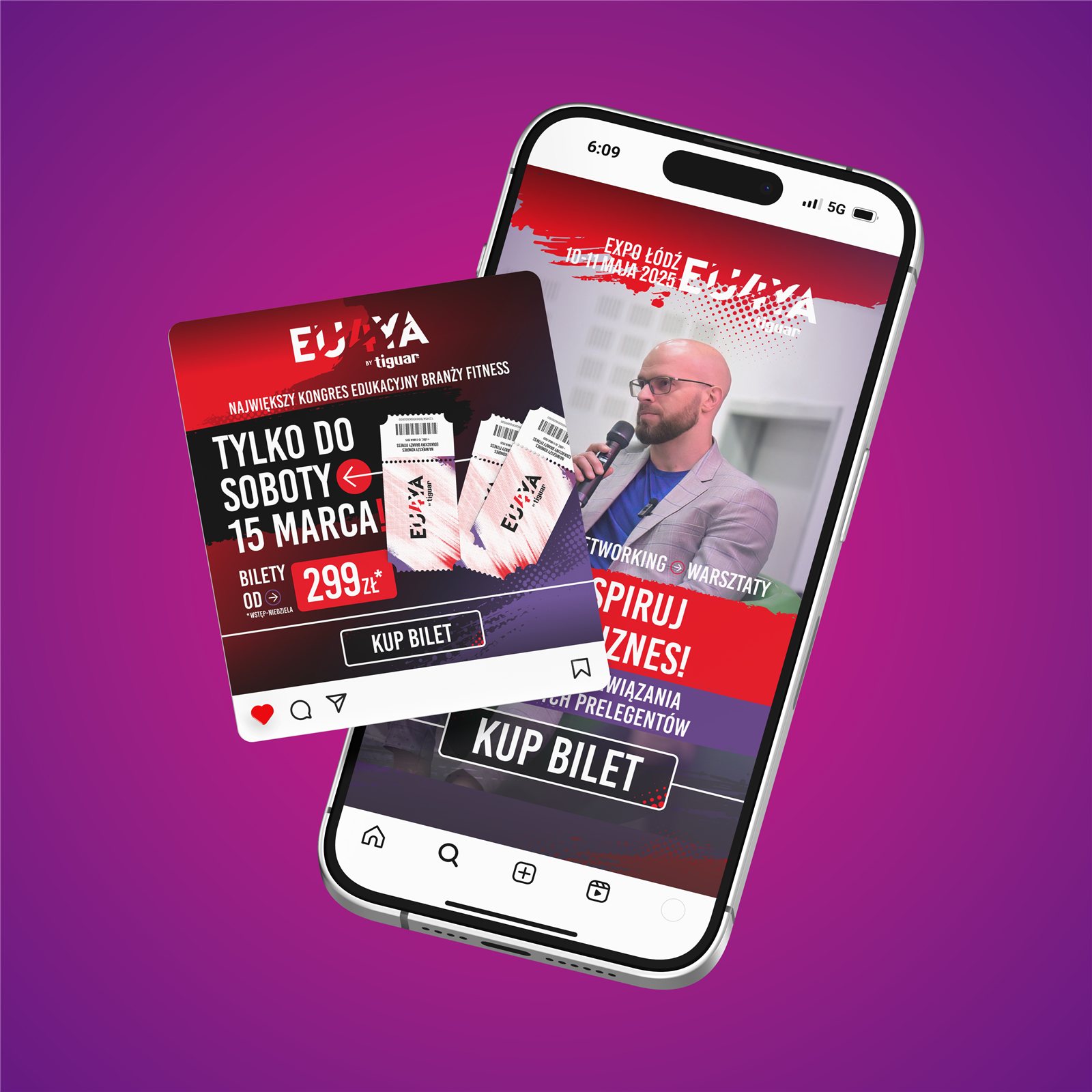 Kreacje reklamowe EU4YA z eventu na żywo i wyraźnym CTA zakupu biletu