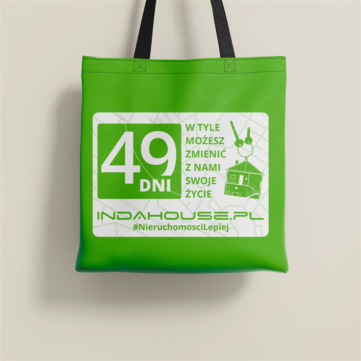 Torba reklamowa Indahouse z&nbsp;hasłem „49 dni” i&nbsp;logotypem marki
