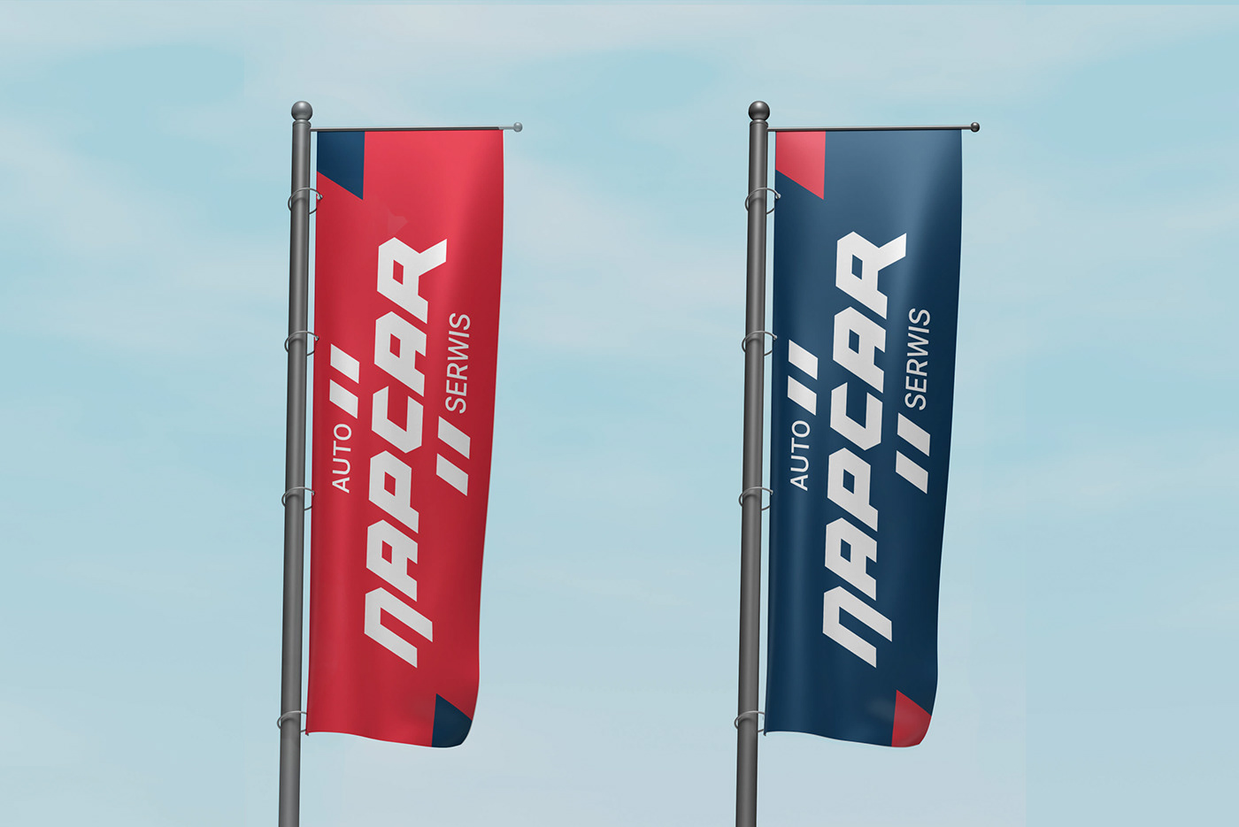 Flagi reklamowe Napcar przed siedzibą warsztatu