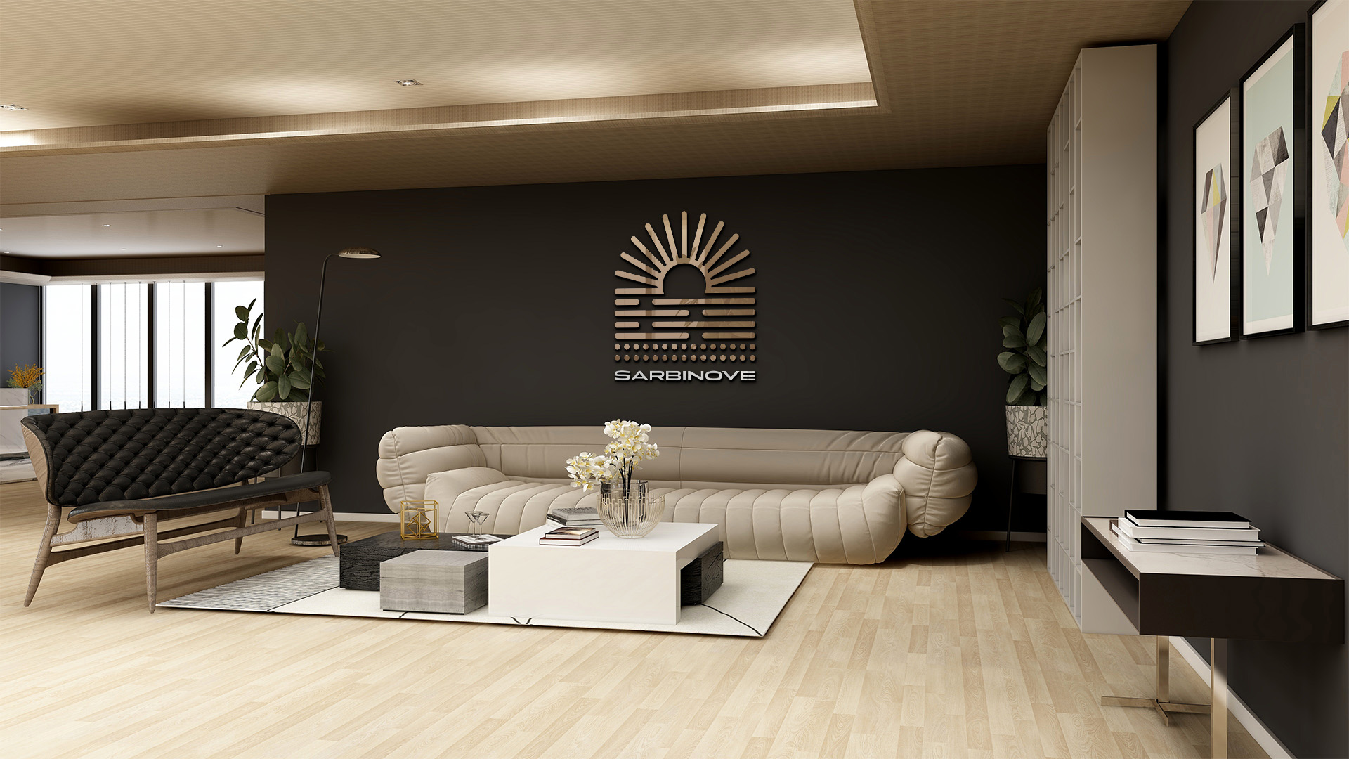 Podświetlane logo Sarbinove na ścianie w&nbsp;apartamencie pokazowym
