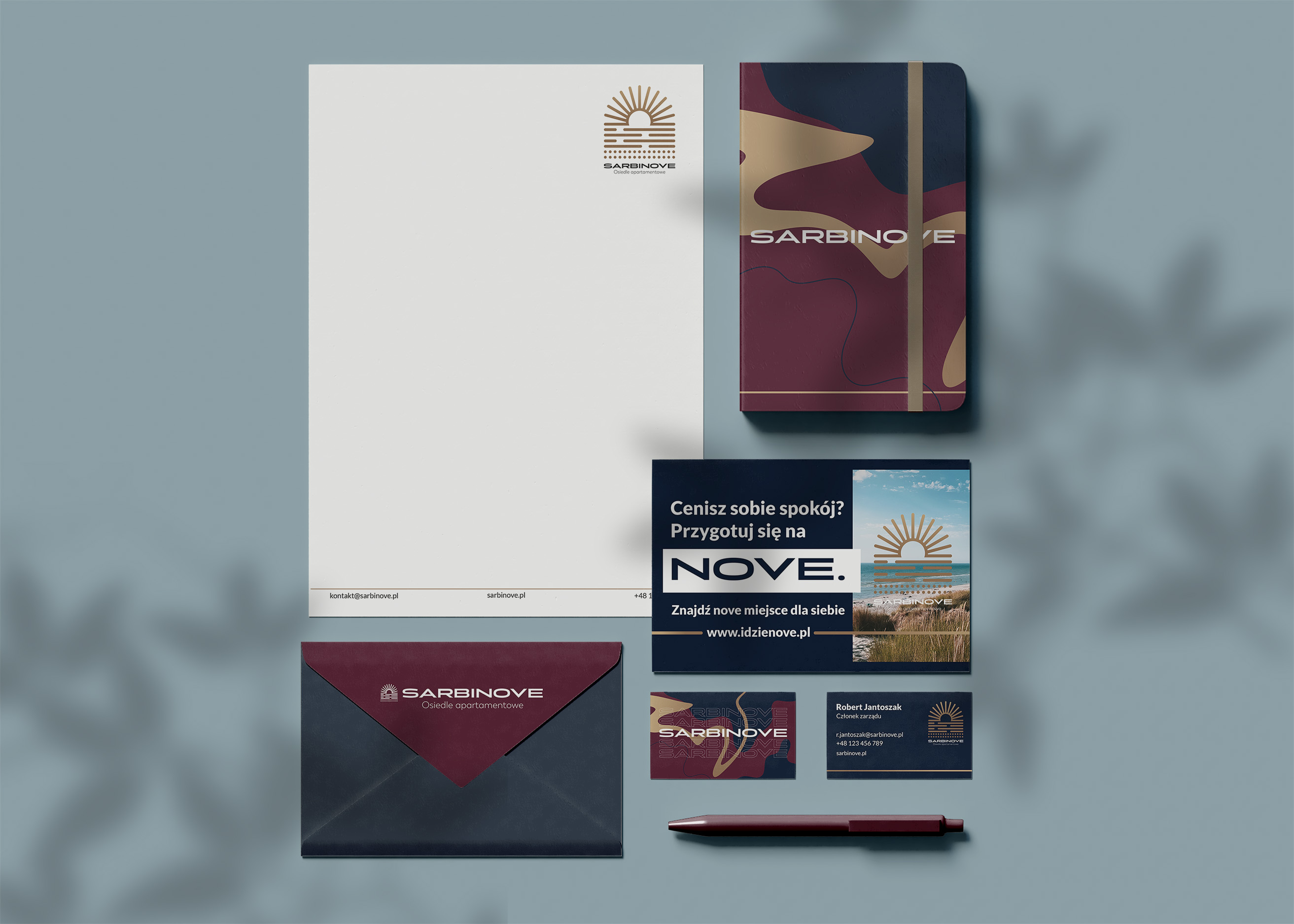 Zestaw akcydensowy Sarbinove — papier firmowy, notes, koperta, wizytówki i&nbsp;długopis